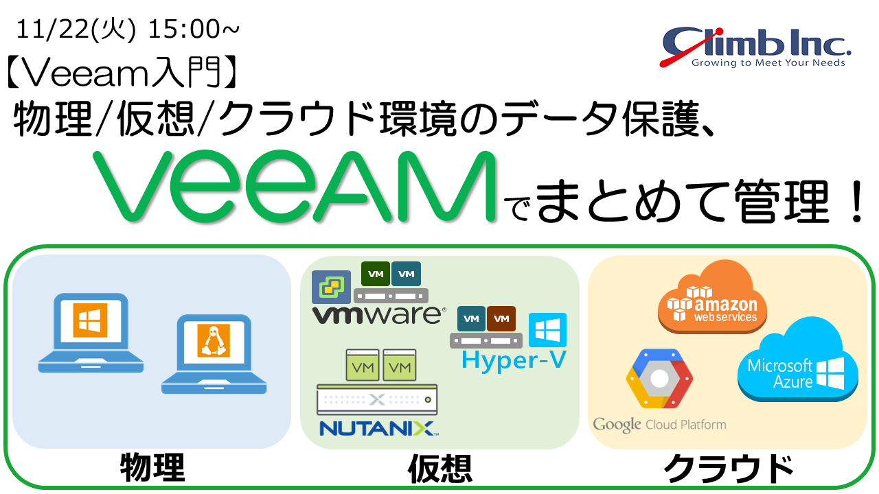11/22(火)開催：【Veeam入門】物理/仮想/クラウド環境のデータ保護、Veeamでまとめて管理！