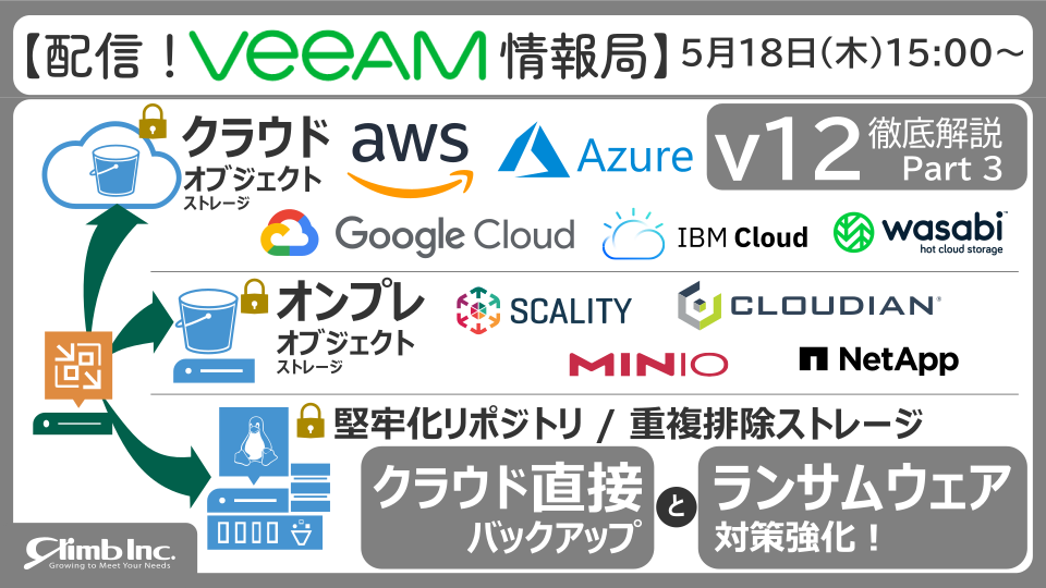 5/18(木)開催：【配信！Veeam情報局】v12徹底解説 Part3 クラウド直接バックアップとランサムウェア対策強化！